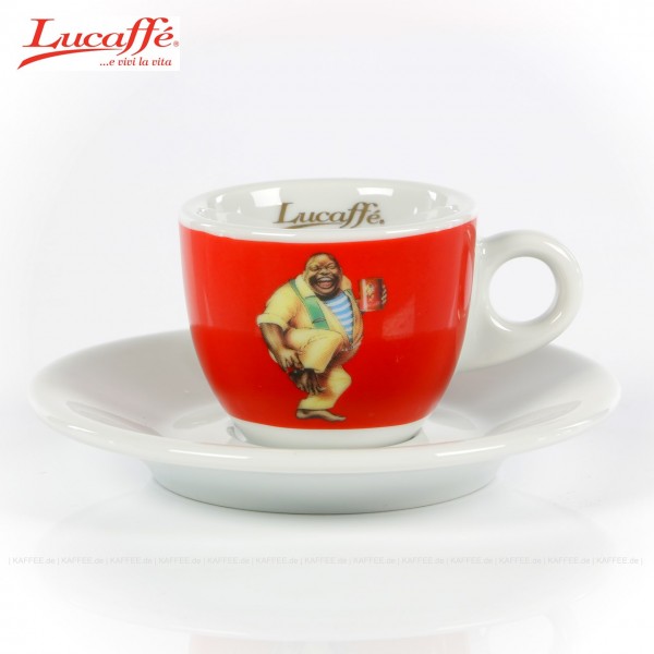 Tasse rot mit Lucaffé-Classic-Logo und weißer Untertasse, 6 Tassen pro VPE, EAN-Code: 0000000001331