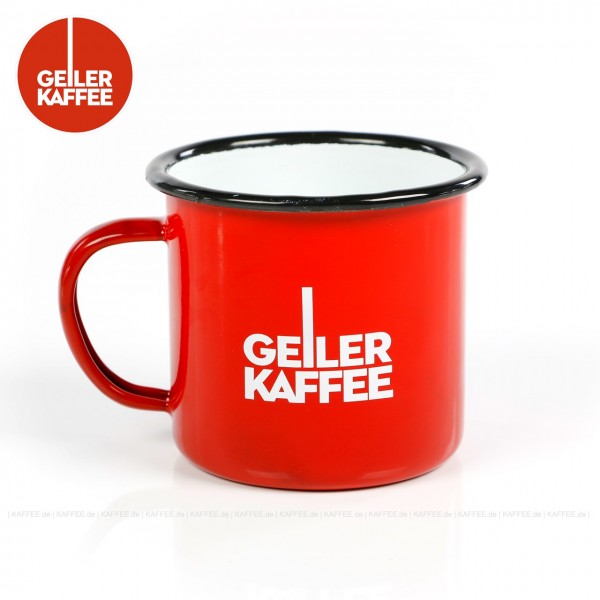 Emaillierter Kaffeebecher aus Blech, Farbe außen rot mit GEILER KAFFEE-Logo, innen weiß, 1 Becher/Tasse pro VPE, EAN-Code: 4260404690470