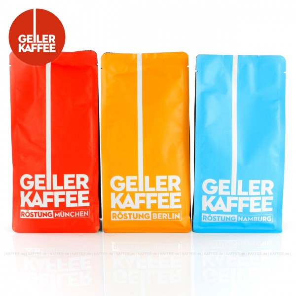 3 Bags je 250 g pro VPE, Bohne, Gesamtinhalt 0,75 kg pro VPE Das Set beinhaltet je ein Bag folgende Produkte: GEILER KAFFEE Röstung MÜNCHEN (1920), GEILER KAFFEE Röstung BERLIN (1921), und GEILER KAFFEE Röstung HAMBURG (1922)., EAN-Code: 4260404690641