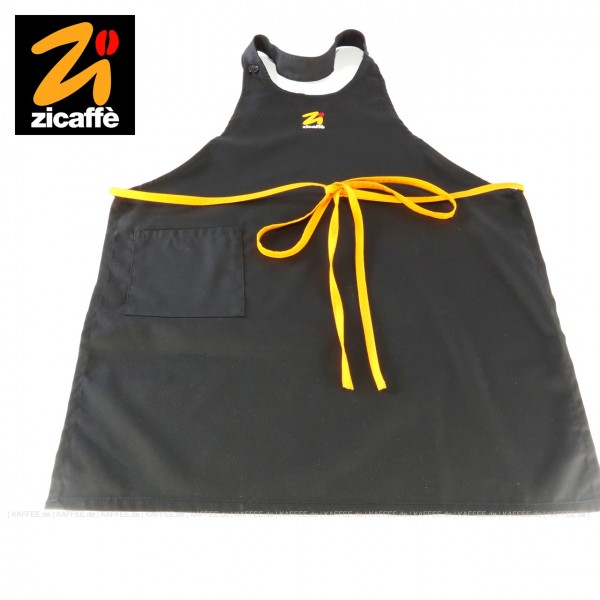Latzschürze schwarz aus reiner Baumwolle mit gelbem Band und dem Zicaffè-Logo, EAN-Code: 0000000001534