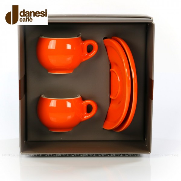 2 farbige (orange) DANESI Espressotassen mit Untertasse im Geschenkkarton, EAN-Code: 8000135010280
