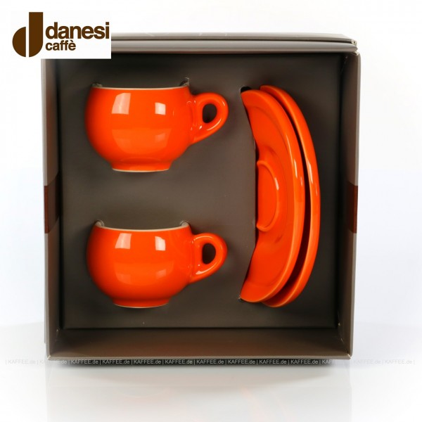 2 farbige (orange) DANESI Espressotassen mit Untertasse im Geschenkkarton, EAN-Code: 8000135010280