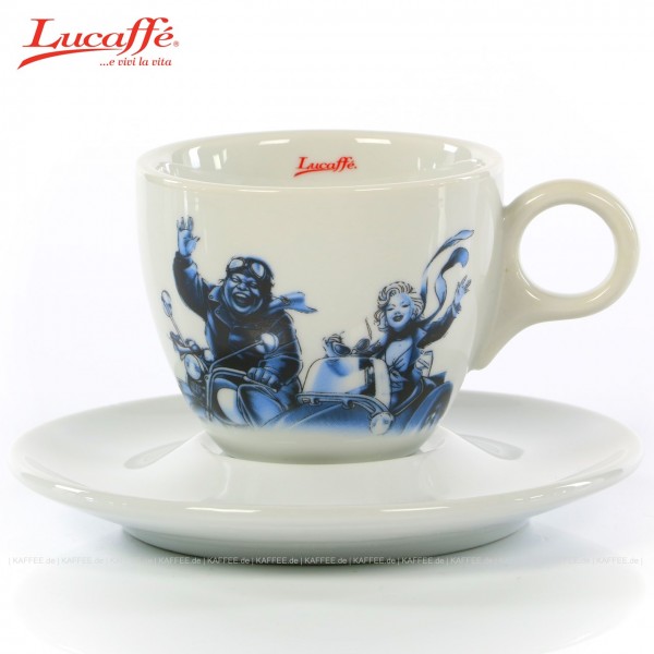 Farbe weiß/blau mit "Blucaffè"-Logo der "Collection Line", weißer Unterteller (Henkel offen), 6 Tassen pro VPE // Hinweis: Dies ist das Nachfolgemodell der Artikel-Nummer 1320., EAN-Code: 0000000001351