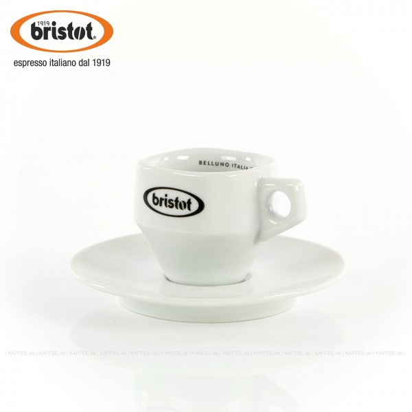 Farbe weiß im Retro-Design (eckig) mit Bristot-Logo bzw. Schriftzug innen, 6 Tassen pro VPE, EAN-Code: 0000000002383