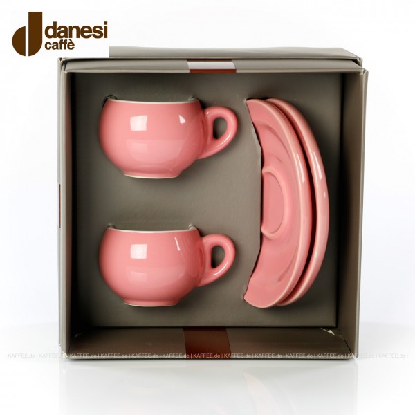 2 farbige (pinke) DANESI Espressotassen mit Untertasse im Geschenkkarton, EAN-Code: 8000135010280