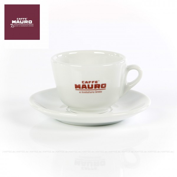 Farbe weiß mit CAFFÈ MAURO-Logo und weißer Untertasse, 6 Tassen pro VPE, EAN-Code: 8002530940223