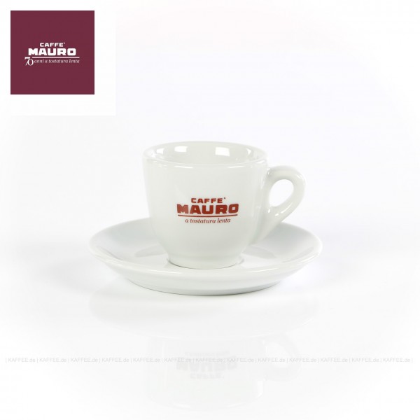 Farbe weiß mit CAFFÈ MAURO-Logo und weißer Untertasse, 6 Tassen pro VPE, EAN-Code: 8002530940131