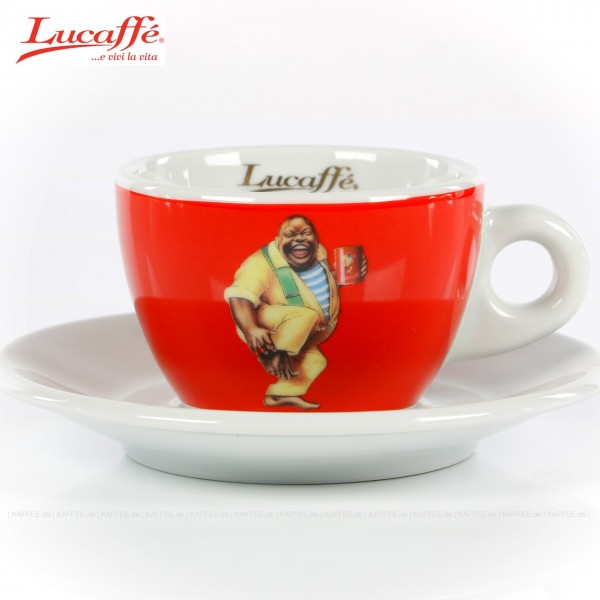 Tasse rot mit Lucaffé-Classic-Logo und weißer Untertasse, 6 Tassen pro VPE, EAN-Code: 0000000001332