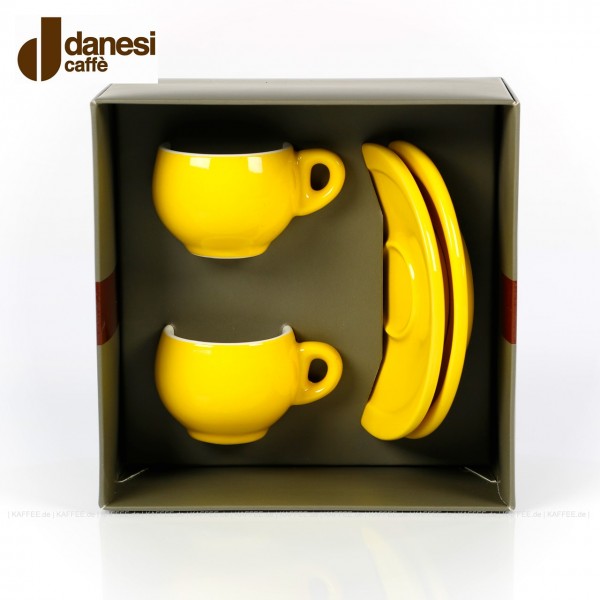 2 farbige (gelbe) DANESI Espressotassen mit Untertasse im Geschenkkarton, EAN-Code: 8000135010280