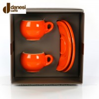 2 farbige (orange) DANESI Espressotassen mit Untertasse im Geschenkkarton, EAN-Code: 8000135010280 2 farbige (orange) DANESI Espressotassen mit Untertasse im Geschenkkarton, EAN-Code: 8000135010280