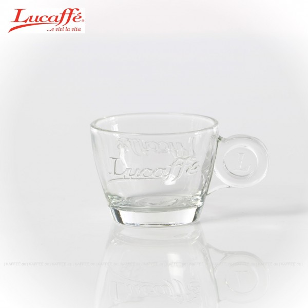 Espressotasse aus Glas mit Lucaffè Logo, 12 Tassen pro VPE, EAN-Code: 0000000001699