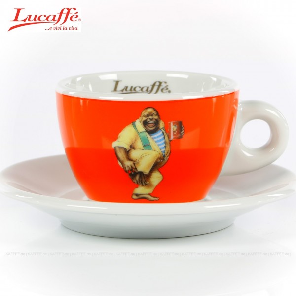 Tasse orange mit Lucaffé-Classic-Logo und weißer Untertasse, 6 Tassen pro VPE, EAN-Code: 0000000001336