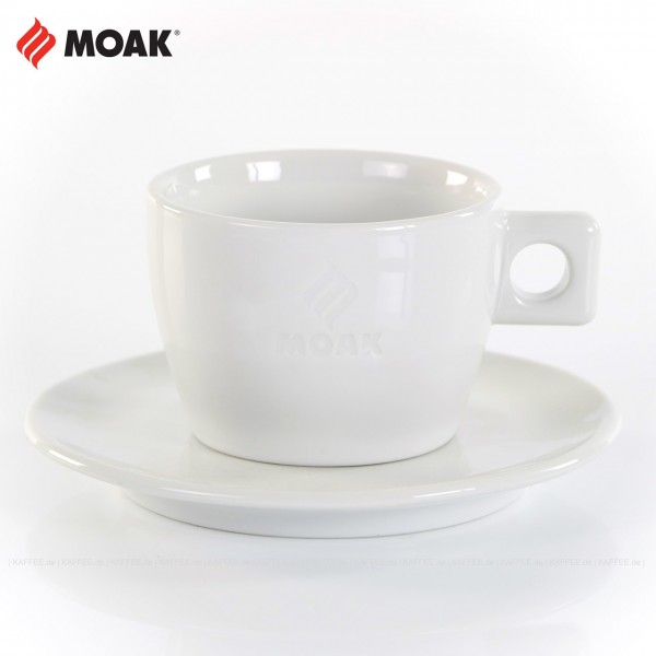 Farbe weiß mit geprägtem Moak-Logo, 6 Tassen inkl. Untertassen pro VPE, Fassungsvermögen ca. 175 ml, EAN-Code: 8006131276552