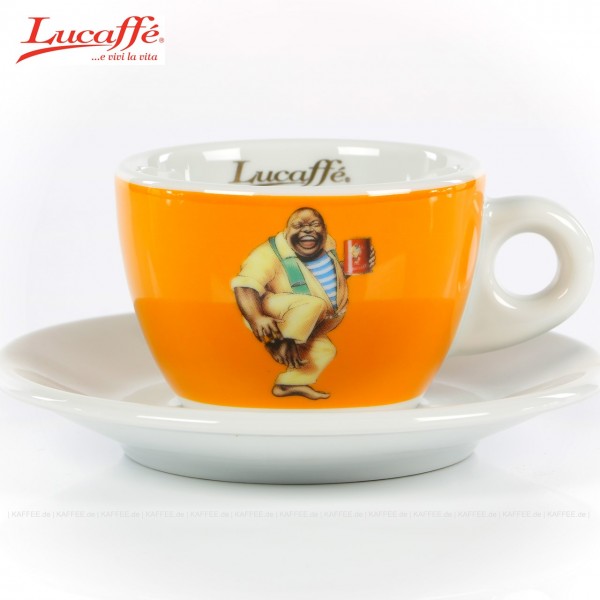 Tasse gelb mit Lucaffé-Classic-Logo und weißer Untertasse, 6 Tassen pro VPE, EAN-Code: 0000000001334