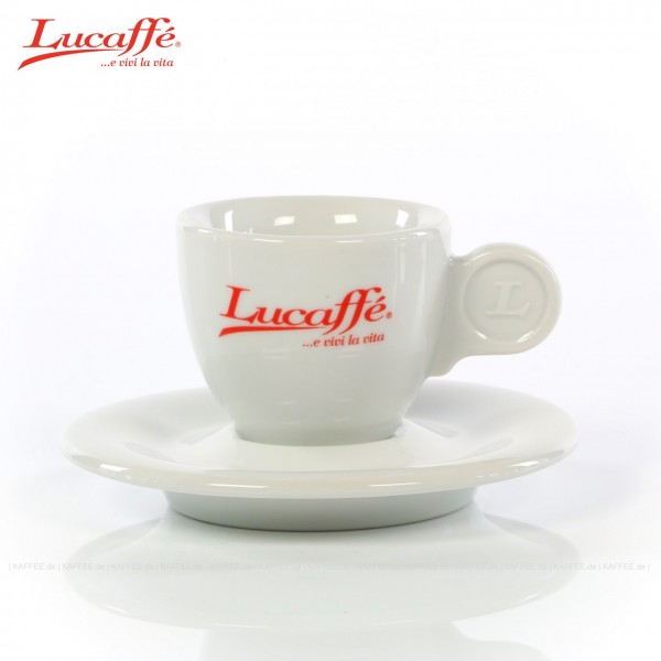 Farbe weiß mit rotem Lucaffé-Logoschriftzug, 6 Tassen pro VPE, EAN-Code: 0000000001049