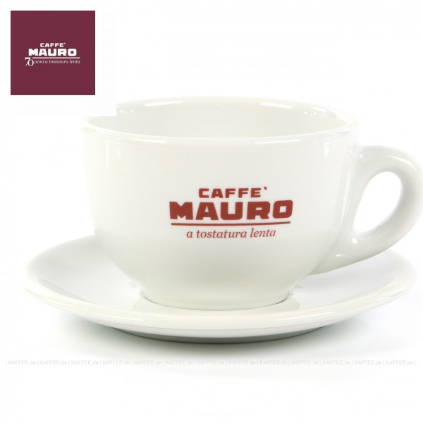 Farbe weiß mit CAFFÈ MAURO-Logo und weißer Untertasse, 6 Tassen pro VPE, EAN-Code: 8002530940308