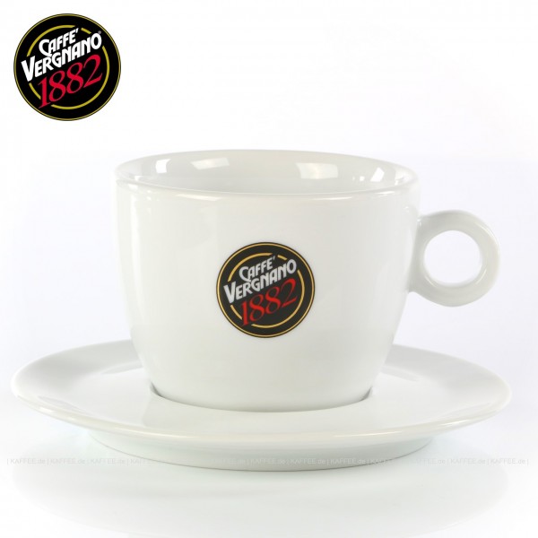Farbe weiß mit Caffè Vergnano-Logo, mit Untertasse, 6 Tassen pro VPE, auch als Schokoladentasse sehr gut zu verwenden, EAN-Code: 0000000001617