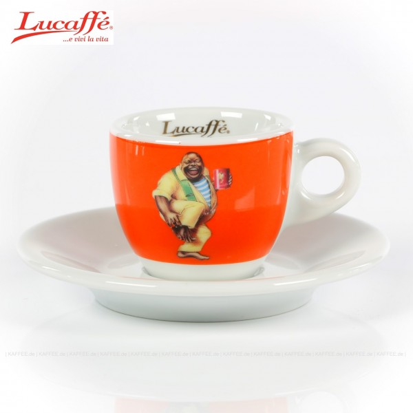 Tasse orange mit Lucaffé-Classic-Logo und weißer Untertasse, 6 Tassen pro VPE, EAN-Code: 0000000001335