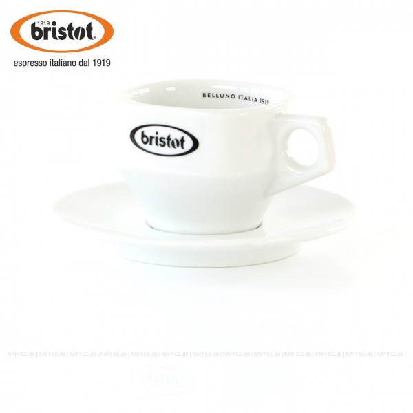 Farbe weiß im Retro-Design (eckig) mit Bristot-Logo bzw. Schriftzug innen, 6 Tassen pro VPE, EAN-Code: 0000000002548